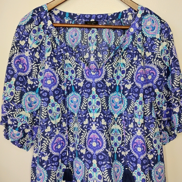 Talbots Pleated Sleeve Top Womens XL Floret Medallion Tassels‎ Paisley Bohemian - Picture 3 of 11